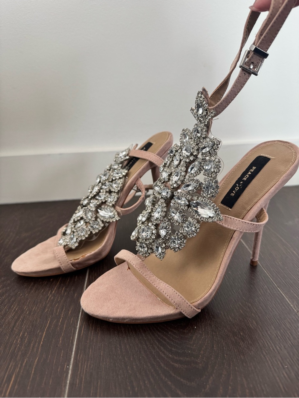 Bejeweled Pink Suede Stiletto Sandals with Ankle Strap